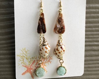 Sea Shell Earrings, Mermaid Jewelry, Mint Druzy Earrings, Beach Lover Gift, Statement Earrings, Gift for Mermaid, Boho best friend gift