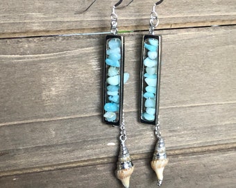 Pendientes de concha verde azulado: plata de ley, joyería bohemia de playa