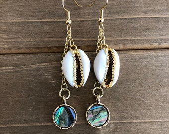 Cowrie & Abalone Shell Earrings, Beach Wedding Jewelry, Ocean Lovers Gift, Nautical Wedding Jewlery, Gift Mom, Mermaid Jewelry, Valentine's