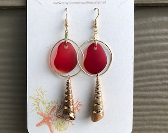 Sea Glass & Shell Earrings with Tower Shells in Gold