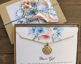 flower girl necklace gold shell necklace, flower girl proposal necklace, thank you for being my flower girl gift, beach wedding jewelry