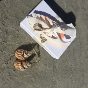 May include: A pair of shell earrings with gold accents on a sandy background. The earrings are made of natural seashells and are a beautiful and unique piece of jewelry.