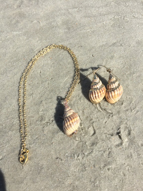 Gold Plated Nassa Shell Necklace and Earring Set: Boho Beach Jewelry