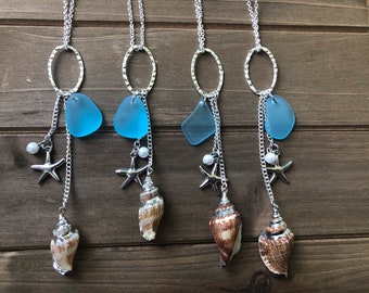 Collar de concha de vidrio marino: joyería de playa con perla y estrella de mar