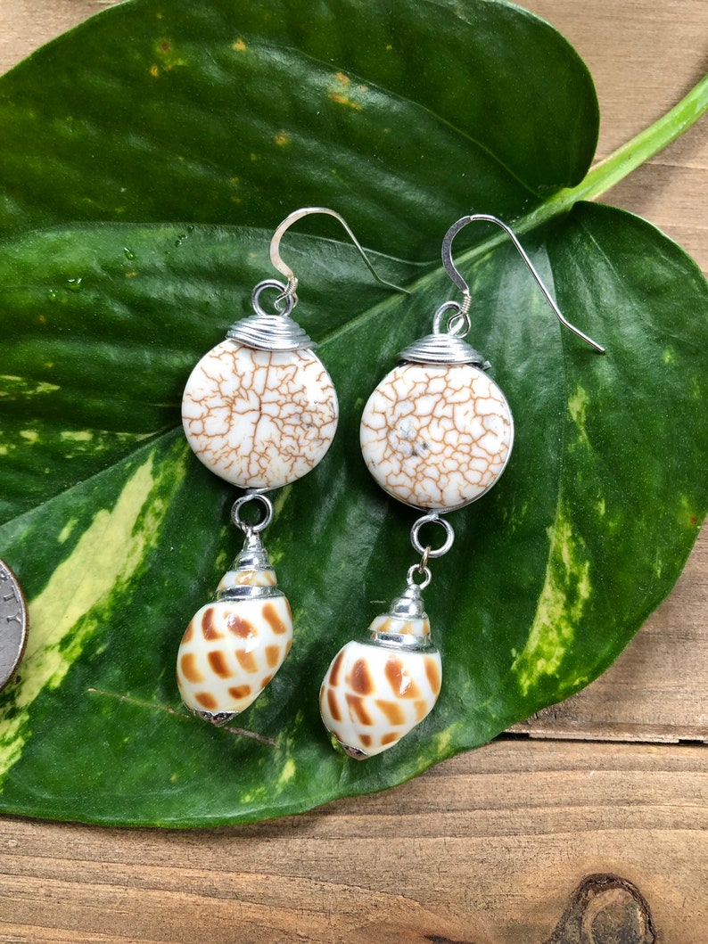 Howlite & Shell Earrings, Beach Bridal Jewelry, Mermaid Earrings for Women, Christmas Gift for Sister in Law, Stocking Stuffer for boho mom image 6