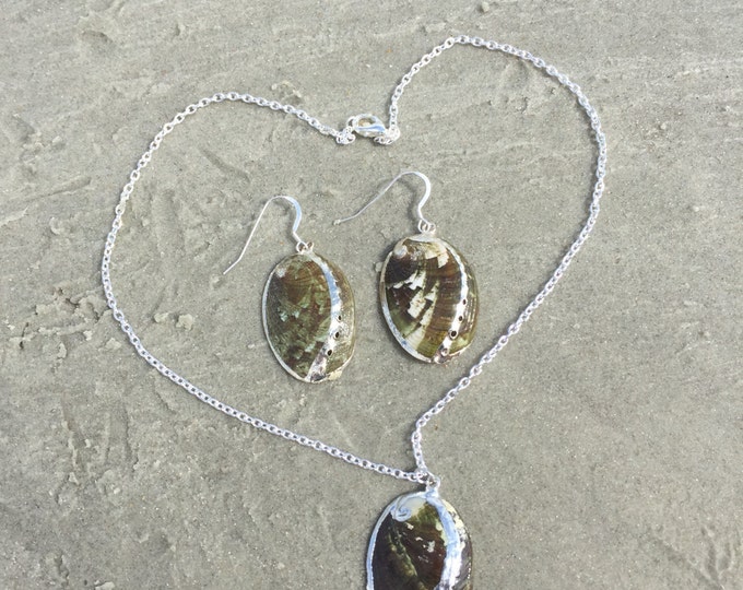 Silver Plated Green Abalone Shell Necklace and Earring Set