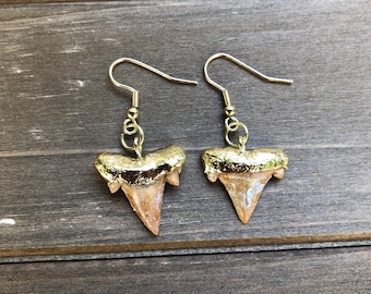 Gold Shark Tooth Earrings, Boho Wife Gift, Shark Jewelry, Gift for Mermaids, Fossil Necklace, Gift Mom, Ocean Lover Gift, Beachcomber Gift