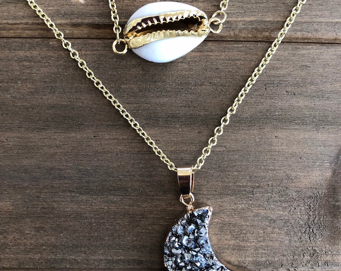 Moon Shaped Druzy Layered Necklace