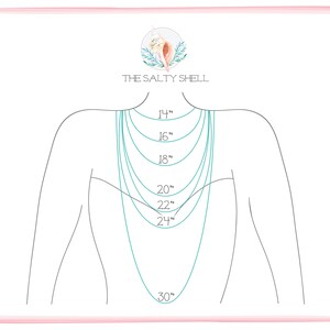 May include: A diagram showing different necklace lengths from 14 inches to 30 inches. The lengths are marked on a line drawing of a person's back, showing where the necklace would fall.