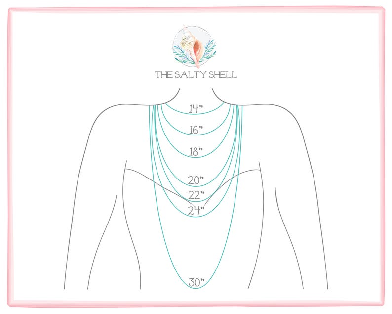 May include: A diagram showing different necklace lengths from 14 inches to 30 inches. The lengths are marked on a line drawing of a person's back, showing where the necklace would fall.