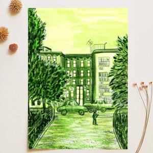 Green NYC Street Scene Art Print – Urban Watercolor Illustration, New York City Wall Decor, Cityscape Gift, Small Travel Art