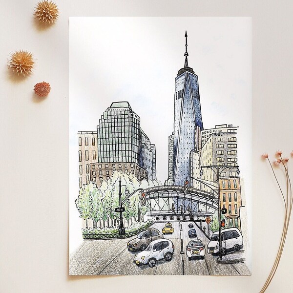 NYC Urban Sketching Mini Art Print 4x6, Whimsical City Drawing, Gift For NYC Traveler, New York City Art, A6 Hand Drawn Postcard Printed