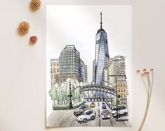 NYC Urban Sketching Mini Art Print 4x6, Whimsical City Drawing, Gift For NYC Traveler, New York City Art, A6 Hand Drawn Postcard Printed