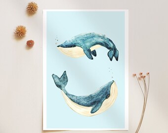 Whales Coastal Art Print 4x6, Nautical Postcard for Sea Creatures Wall Decor, Beach House Mini Art Gift