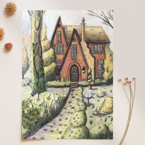 Autumn Season Cottage Postcard, Mini Art Print 4x6, Cozy House Fall Aesthetic Hand Drawing, Inspiring Gift For Aesthete Friend And Family