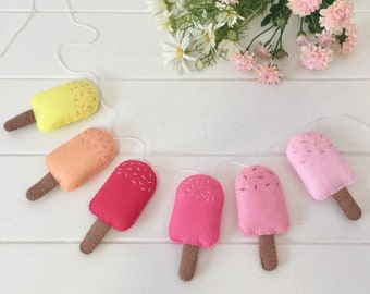 Felt Ice Cream Garland, Sorbet, Felt Food, Popsicle, Ice Lolly, Ice Pop, Hanging Decoration, Play Food, Summer Decor, Ice Cream