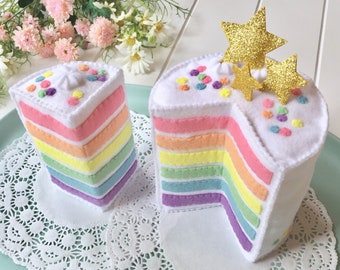 Mini Rainbow Cake, Felt Layer Cake, Play Food, Pretend Food, Pretend Play, Layered Cake, Tea Party, Stars, Gold stars, Felt Food, Birthday