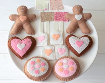 Tea for Two Felt Tea Set - Play Food Tea bag Biscuit Sugar Cookie & Gingerbread Felt Food Play Set, Sweet Tea Party, Gift for Girls