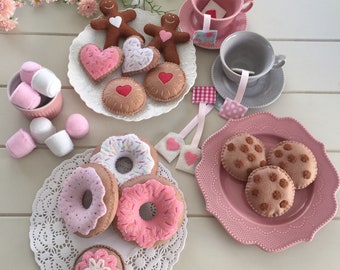 Tea Party Felt Tea Set, Play Food, Donuts, Biscuits, Sugar Cookies, Choc Chips, Jam Drop, Cupcake, Marshmallows, Gingerbread, Pretend Play