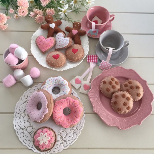 Tea Party Felt Tea Set, Play Food, Donuts, Biscuits, Sugar Cookies, Choc Chips, Jam Drop, Cupcake, Marshmallows, Gingerbread, Pretend Play