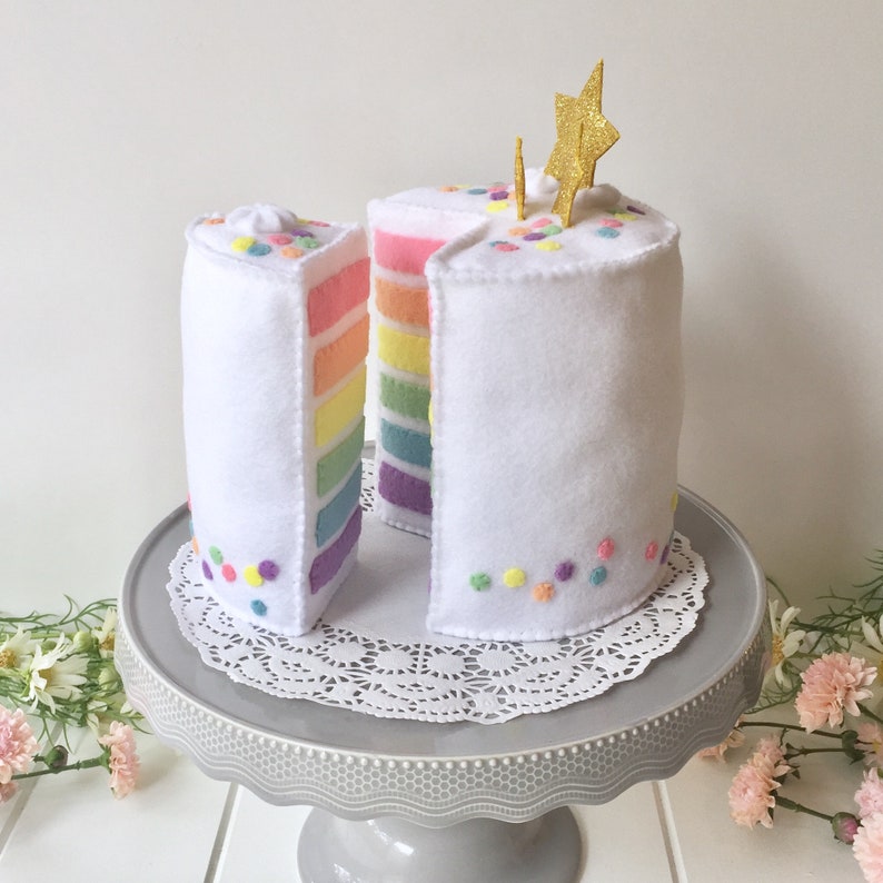 Mini Rainbow Cake, Felt Layer Cake, Play Food, Pretend Food, Pretend Play, Layered Cake, Tea Party, Stars, Gold stars, Felt Food, Birthday image 10