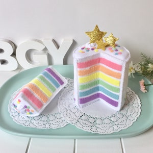Mini Rainbow Cake, Felt Layer Cake, Play Food, Pretend Food, Pretend Play, Layered Cake, Tea Party, Stars, Gold stars, Felt Food, Birthday image 7