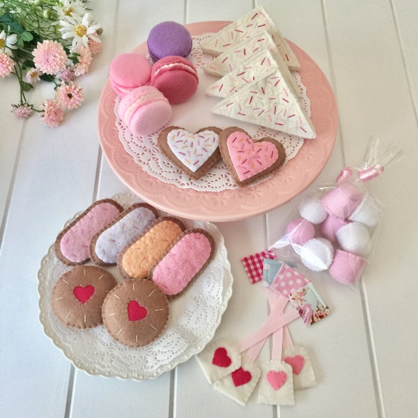 Tea Party Felt Tea Set, Play Food, Macarons, Biscuits, Sugar Cookies, Tea Bags, Fairy Bread, Marshmallows, Gingerbread, Pretend Play