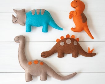 Felt Dinosaur Toys - Four handmade plush felt dinosaurs - Triceratops, T-Rex, Stegosaurus, Brontosaurus