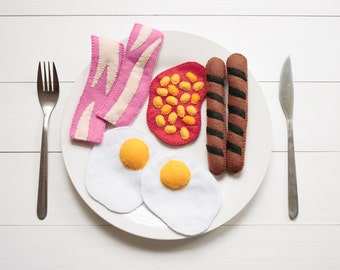 Puede incluir: Un plato de desayuno de fieltro con tocino, frijoles horneados, salchichas y huevos fritos. El tocino es rosa con rayas blancas, los frijoles son amarillos y las salchichas son marrones con rayas negras. Hay un tenedor y un cuchillo.