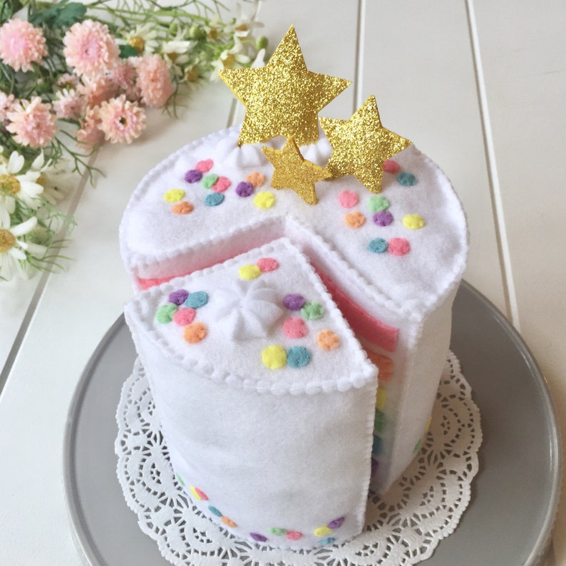 Mini Rainbow Cake, Felt Layer Cake, Play Food, Pretend Food, Pretend Play, Layered Cake, Tea Party, Stars, Gold stars, Felt Food, Birthday image 4