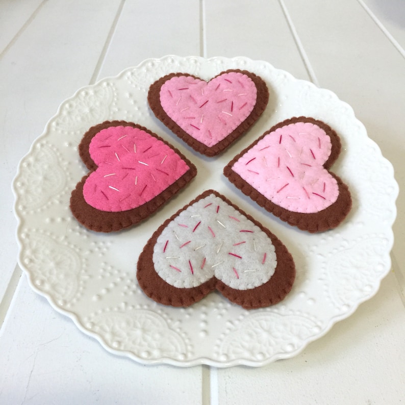 Felt Play Food, Heart Biscuits, Sugar Cookies, Chocolate, Pink Hearts, Children's Toy, Pretend Play, Felt Cookies, Tea Party, Bakery Toys image 2