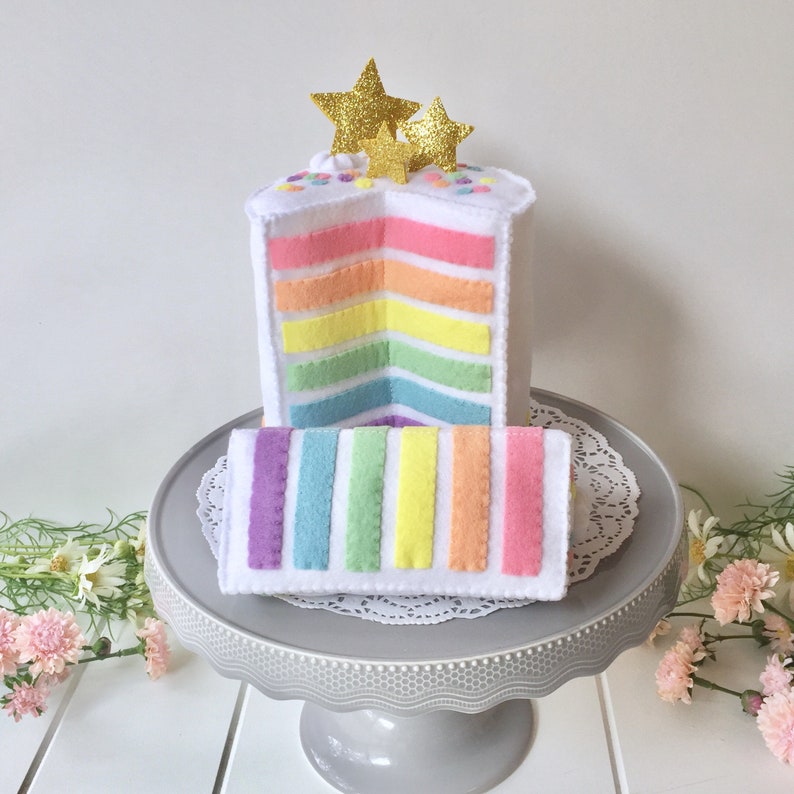 Mini Rainbow Cake, Felt Layer Cake, Play Food, Pretend Food, Pretend Play, Layered Cake, Tea Party, Stars, Gold stars, Felt Food, Birthday image 9