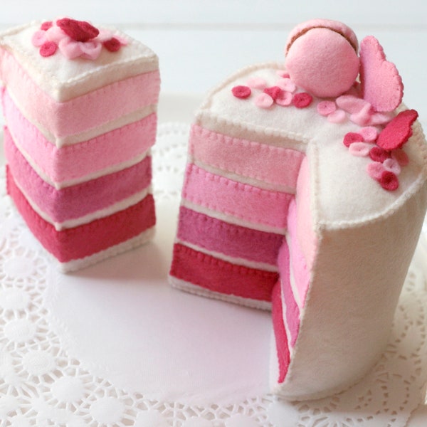Ombre Cake, Mini Felt Layer Cake, Play Food, Pretend Food, Pretend Play, Layered Cake, Tea Party, Strawberry, Macaron, Pink, Hearts, Rainbow