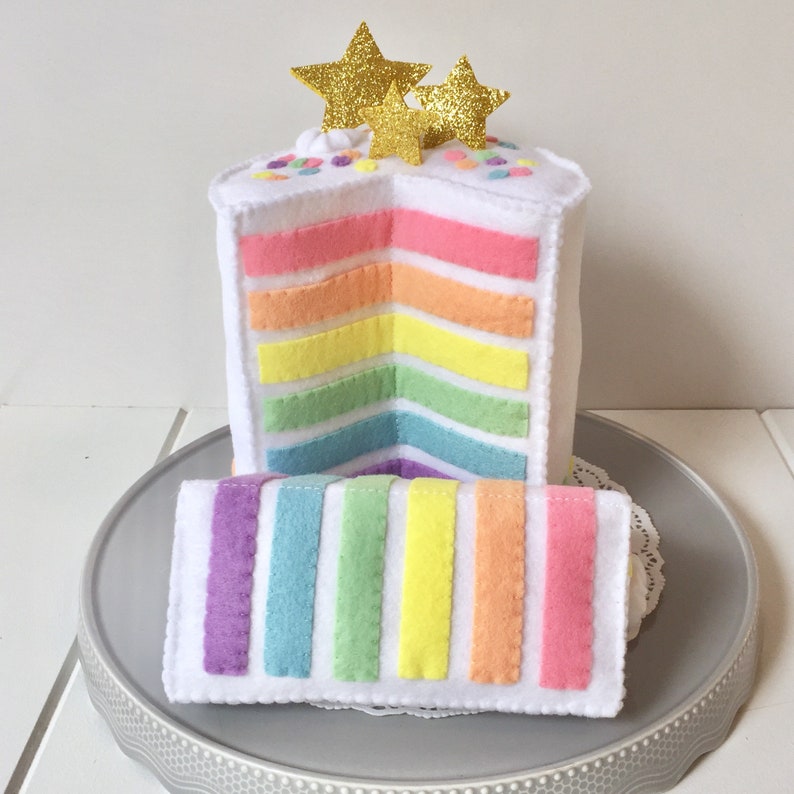 Mini Rainbow Cake, Felt Layer Cake, Play Food, Pretend Food, Pretend Play, Layered Cake, Tea Party, Stars, Gold stars, Felt Food, Birthday image 3