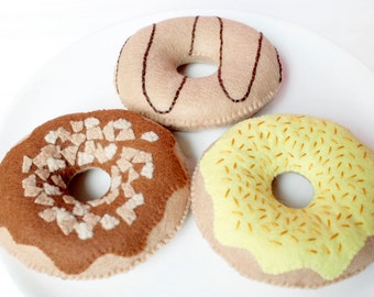 Felt Donuts - Set of 3 Donuts for Pretend Play, Felt Food, Play Food, Tea Party, Chocolate Caramel Banana Icing Sprinkles Doughnuts