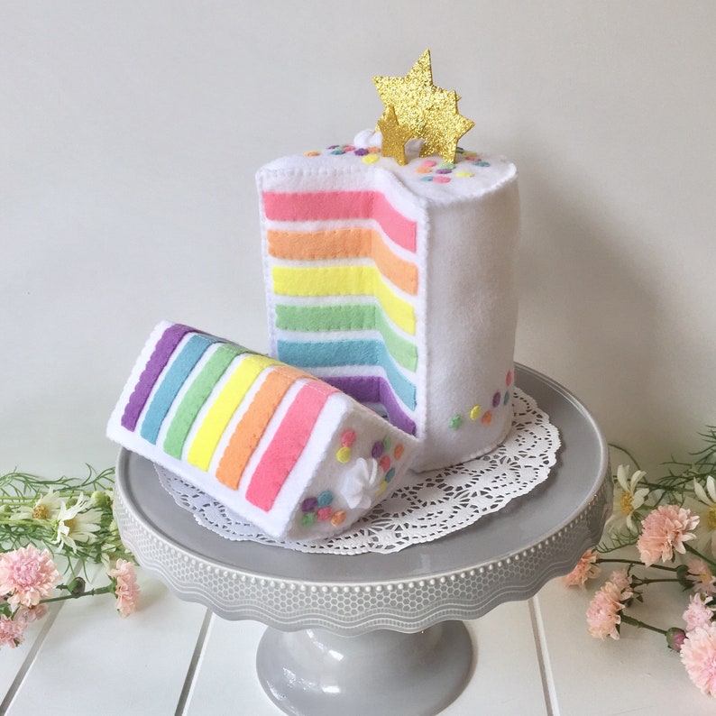 Mini Rainbow Cake, Felt Layer Cake, Play Food, Pretend Food, Pretend Play, Layered Cake, Tea Party, Stars, Gold stars, Felt Food, Birthday image 8