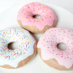 Felt Donuts - Set of 3 Donuts for Pretend Play, Felt Food, Play Food, Tea Party, Raspberry Strawberry Vanilla Icing Sprinkles Doughnuts