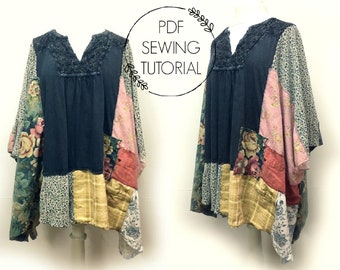 Boho Poncho Tutorial - PDF Sewing Tutorial - Sewing DIY for Women - Upcycled Sewing Class - This is a tutorial, not a pattern
