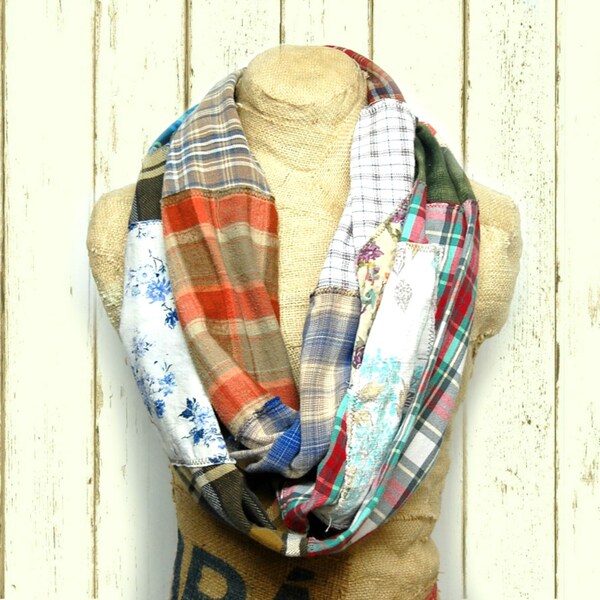 Flannel Patchwork Infinity Scarf Shabby Chic Boho Scarf Neck Wrap Anthropologie Free People Inspired