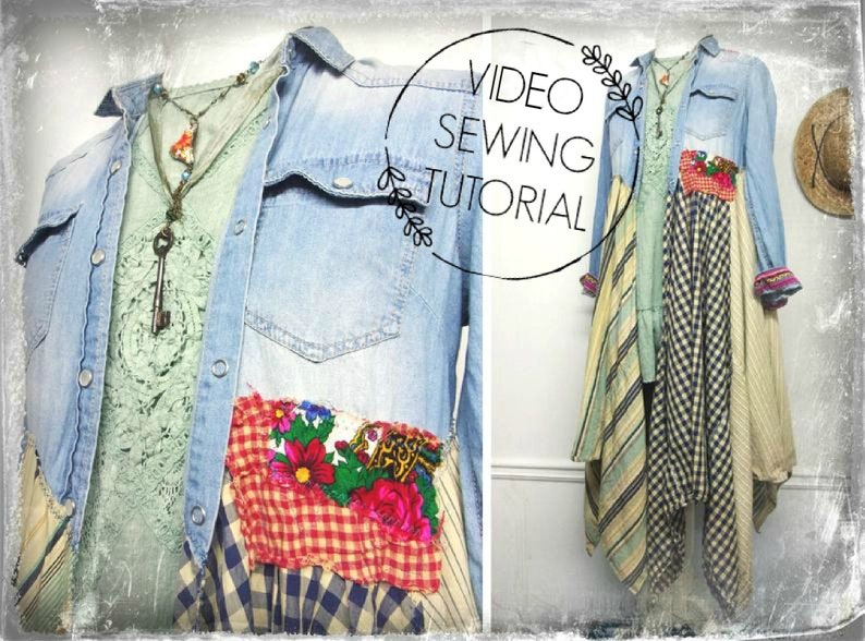 Puede incluir: Una camisa vaquera con detalles de patchwork, incluyendo tela floral, tela a cuadros y tela a rayas. La camisa est&aacute; superpuesta a una blusa de encaje verde claro. El texto "VIDEO SEWING TUTORIAL" es visible en la imagen.