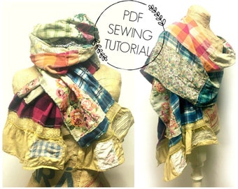 Scarf Tutorial -  PDF Sewing Tutorial - Blanket Scarf DIY - Upcycled Sewing Class - Patchwork Scarf - This is a tutorial, not a pattern