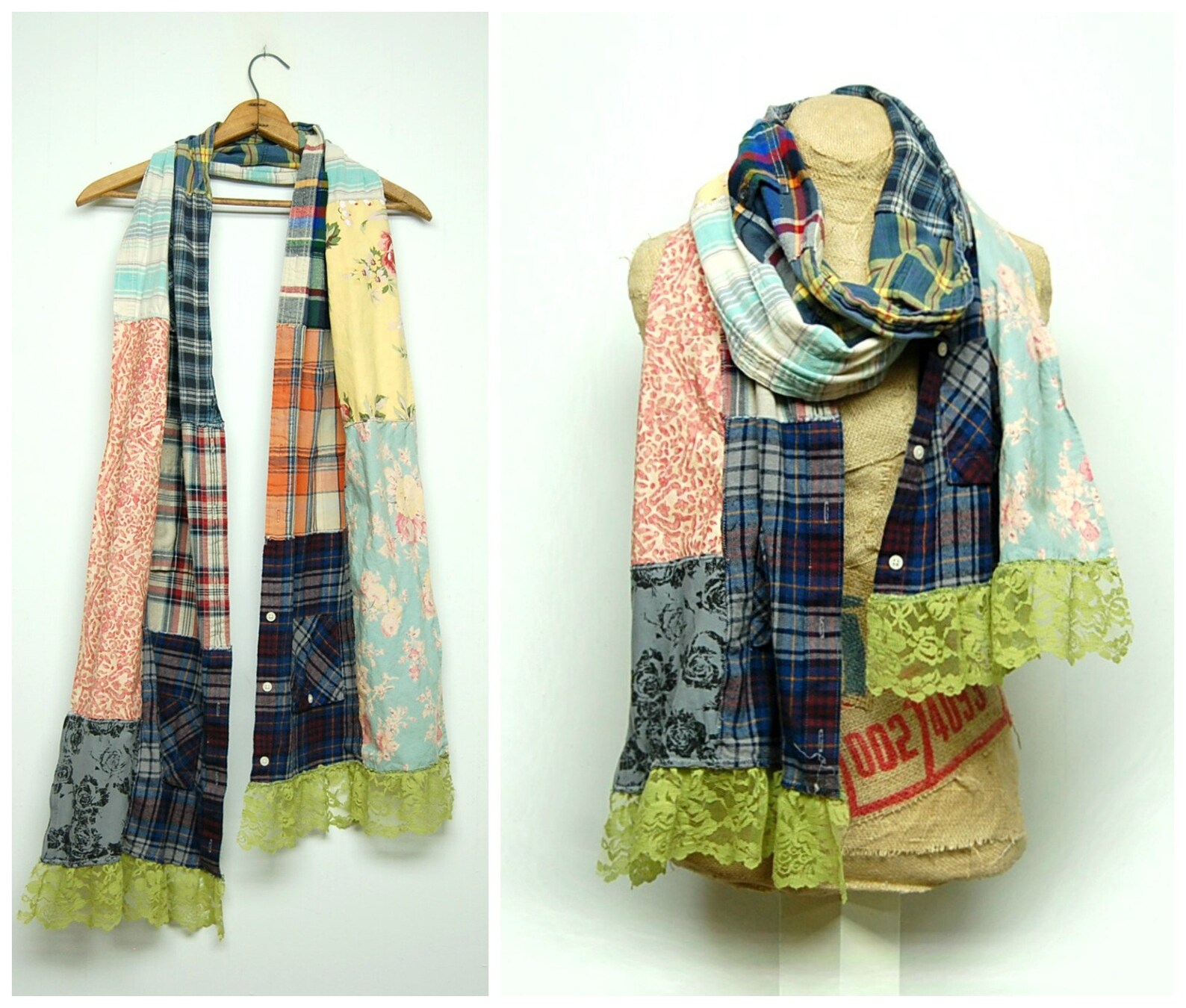 Boho Scarf Patchwork Scarf Scrappy Scarf Mori Girl Scarf Etsy