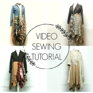 Puede incluir: Cuatro vestidos diferentes hechos con telas reutilizadas. Cada vestido es una combinaci&oacute;n &uacute;nica de mezclilla, cuadros y otras telas. Los vestidos se muestran en maniqu&iacute;es. La imagen incluye el texto "VIDEO SEWING TUTORIAL".