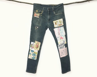 Artsy Jeans - Patchwork Jeans - Distressed Jeans - Embroidered Jeans - Boyfriend Jeans - Tattered Jeans - Eco Friendly - Upcycled Clothing