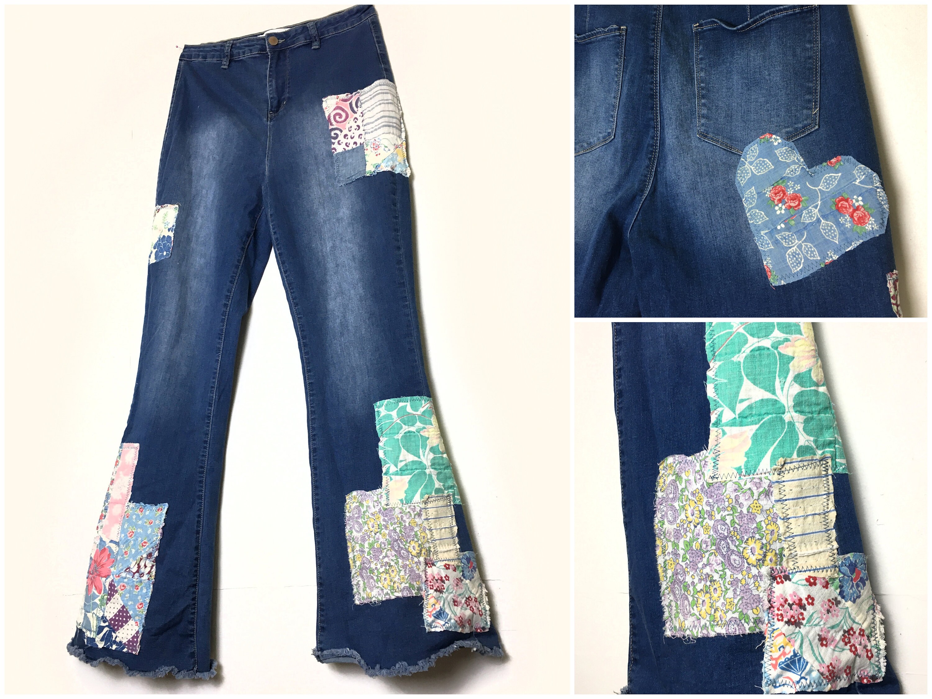 Custom Upcycled patched embroidered jeans Hippie Boho Festival