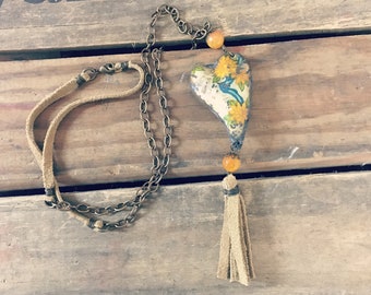 Tin Heart Necklace - Upcycled Jewelry - Tin Jewelry - Leather Tassel Necklace - Boho Jewelry - Gypsy Necklace - Statement Necklace