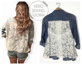 Lace Back Denim Shirt Video Tutorial - DIY - Sewing Tutorial - Boho Shirt - Upcycled Clothing - How To  - This is a tutorial, not a Pattern