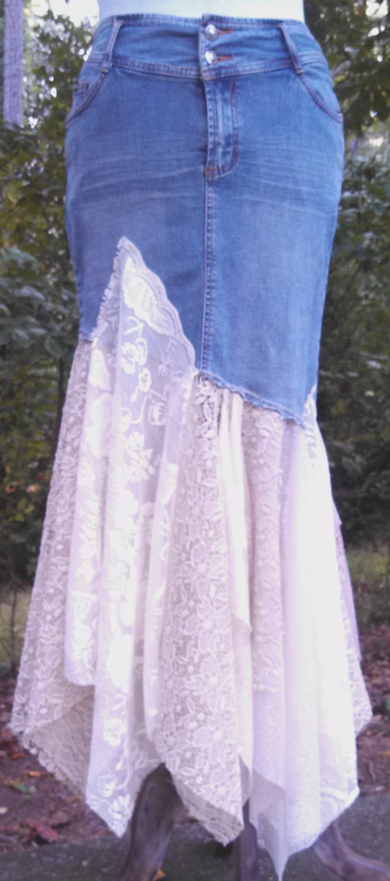 Denim Lace Skirt Tattered Hippie Fairytale Boho Gypsy Etsy