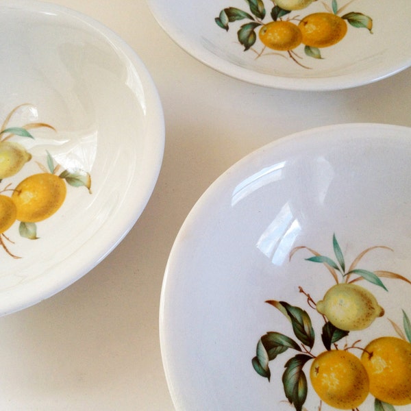Soup bowl set, 4 BITTER SWEET Myott's bowls, China-Lyke Staffordshire dinnerware set, lemons oranges citrus fruit, cereal bowls set 1960s