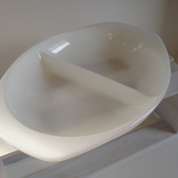 Vintage Pyrex white divided casserole, 1.5 quart opal dish serving platter milk glass